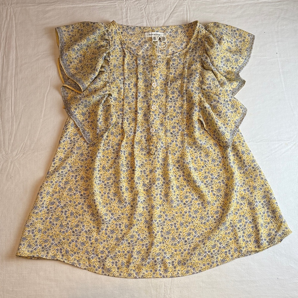 Max Studio Women's Yellow Blue Floral Ruffle Sleeve Blouse Size S NWT